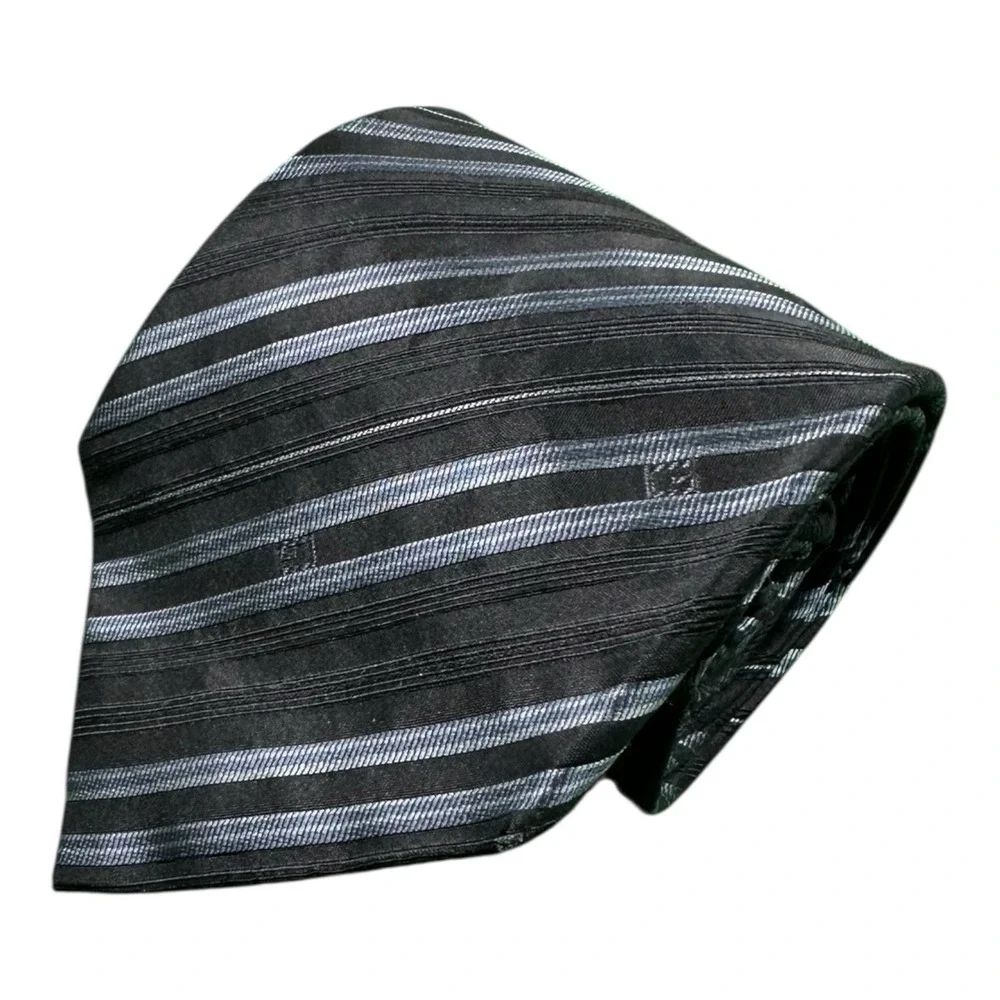 GUCCI VTG Black Blue Striped Old G Monogram‎ Print Silk Tie 3.75 Inch Width